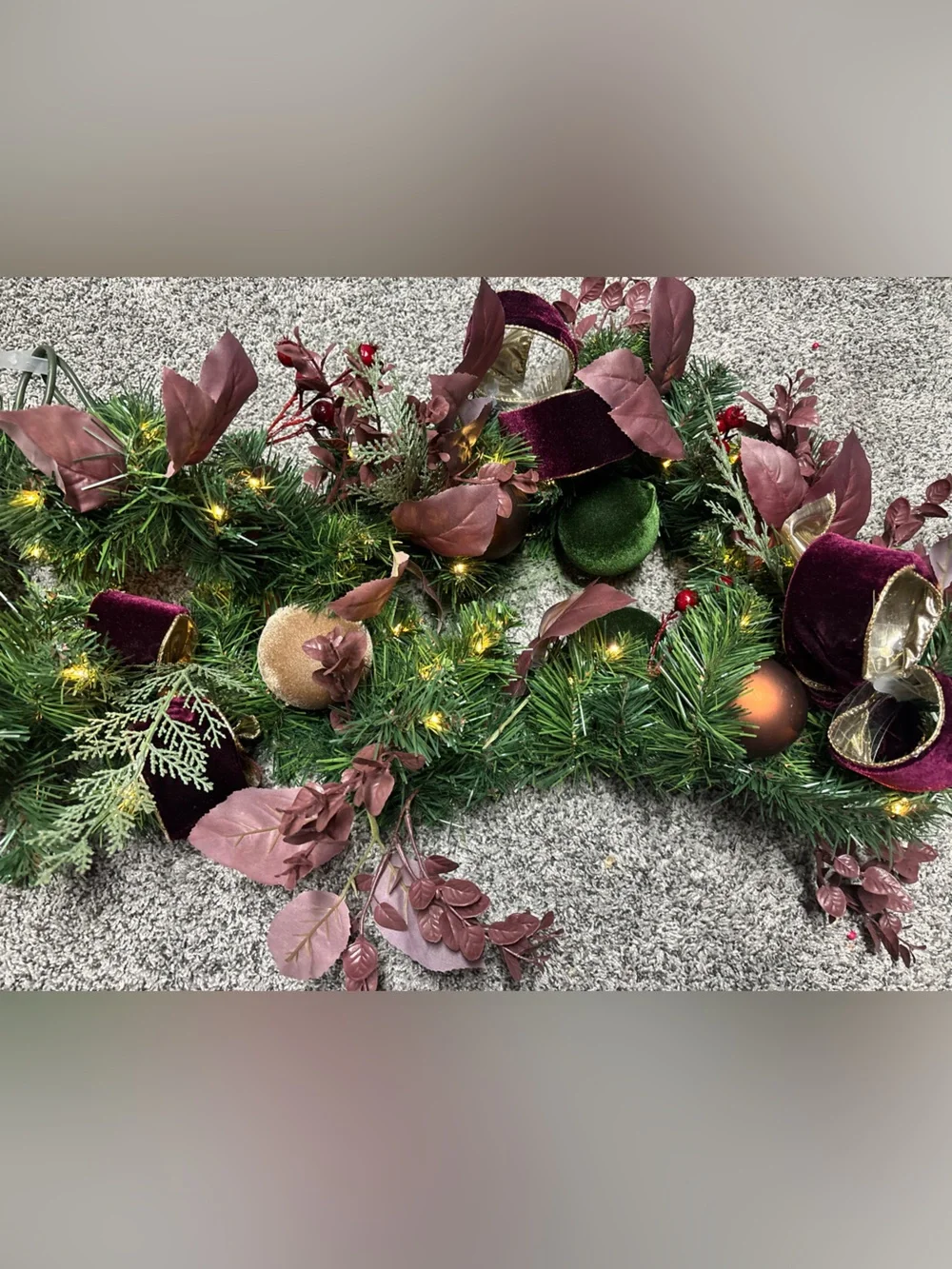 Ashland Green Pine Garland with Burgundy and Gold Accents- Pre Lite